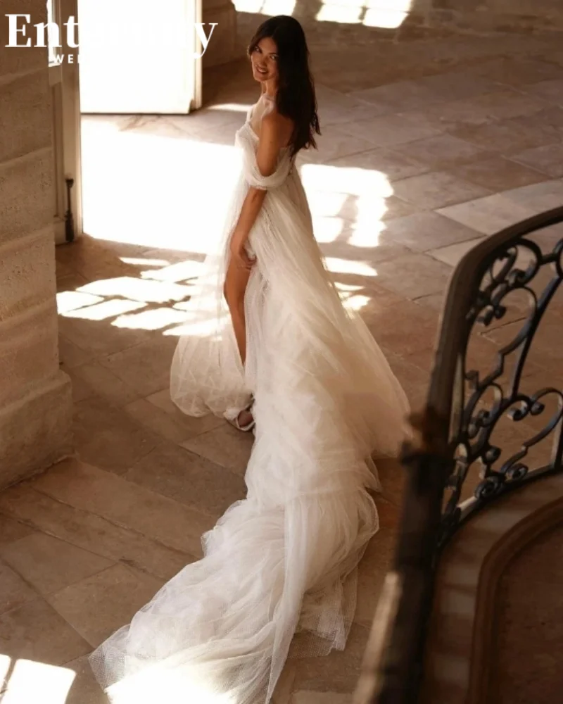 Customized Wedding Dresses Sweetheart For Strapless Women 2024 Charming Simple Tulle Bridal Gowns Side Slit Vestidos De Novia 2