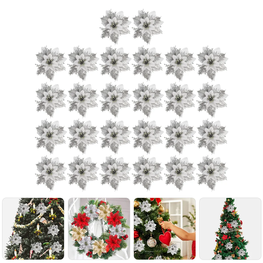 

Fake Poinsettia Flowers Glitter Flowers Christmas Decors For Home Tree Garland Wreath Pendant Christmas Tree Decor Pendant