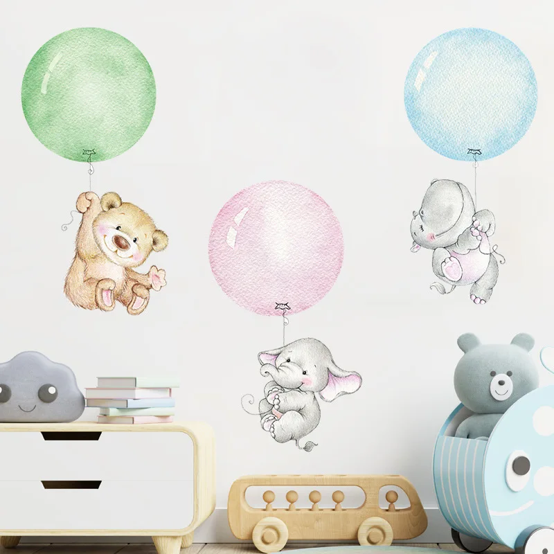 Cute Elephant Bear Balloons Removable Wall Stickers Home Decals Mural for Nursery Kids Baby Room Door Bathroom Wallpaper Decor