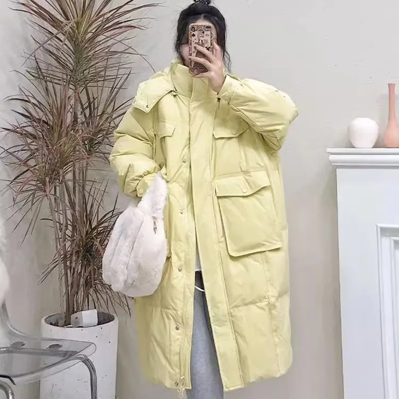

2023 new fashion trendy down jacket WOMEN'S white duck down mid-length thick below the knee hooded loose coat