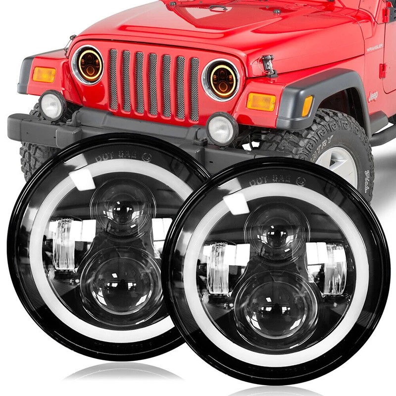 

Single 7" Inch Round LED Headlights Halo Angle Eyes For Jeep Wrangler JK TJ CJ with White DRL/Amber Turn Signal with White light