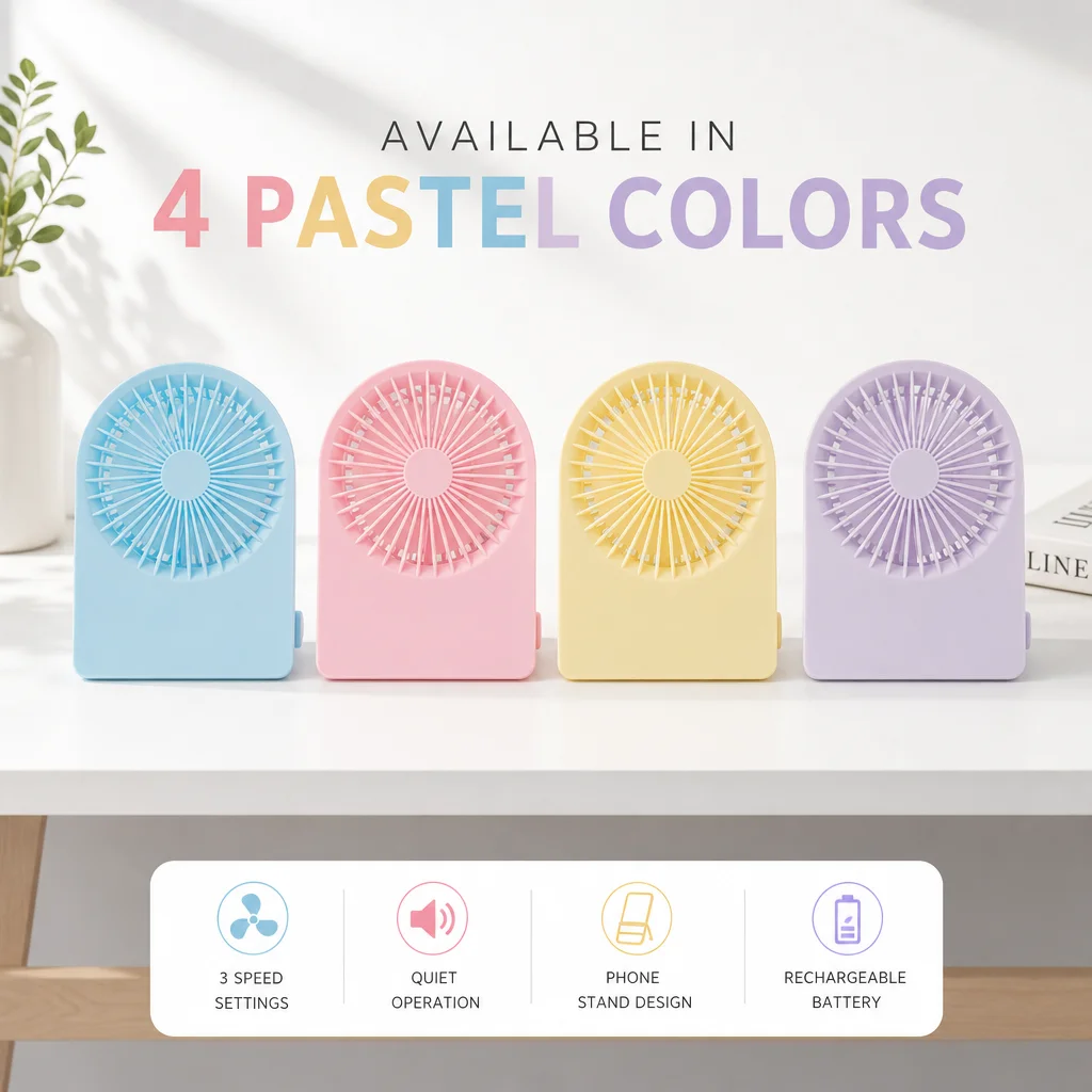 Compact USB Rechargeable Desk Fan with Cellphone Holder – 3-Speed, Low Noise, Portable Air Cooler