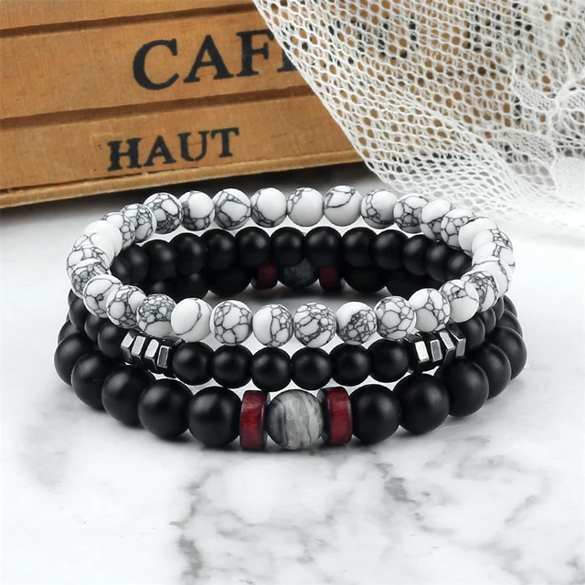 Bracelet élastique 3 pièces/ensemble en perles de pierre naturelle pour couple, bracelet de prière, bijoux de yoga et de méditation bouddhiste pour amis, cadeaux