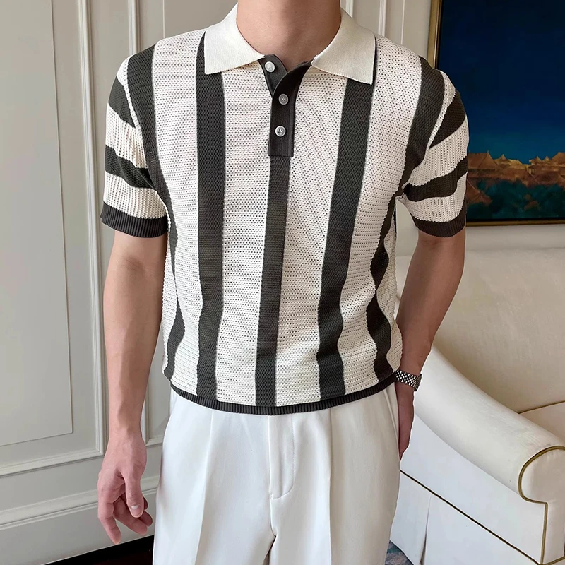 Contrast Color Striped Mens Polo Shirts Trendy Button Turn-down Collar Knit Tops Men Spring Summer Daily Casual Breathable Polos 10 Sf74daf4482b64846ae9e3449d3eba72e9