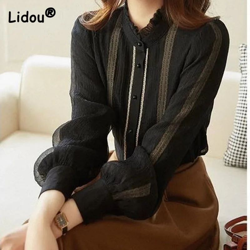 Lace Agaric Lace O-Neck Stylish Elegant Golden Bright Line Decoration Women Shirt Lantern Sleeve Single Breasted Black Button