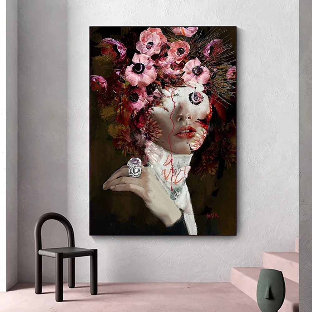 

Abstract Woman With Flowers Canvas Painting Wall Art Fashion Nordic Poster And Prints For Living Room Modern Pictures Home Decor