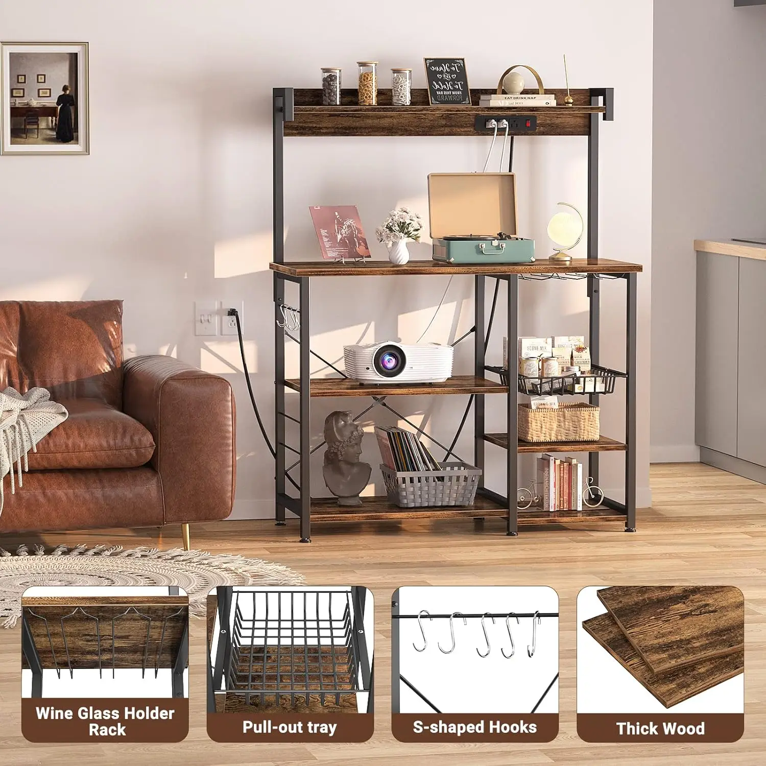 Rack with Power Outlet, Microwave Stand, Kitchen Storage Shelf with Wire Basket, Coffee Bar Station Wine Gl