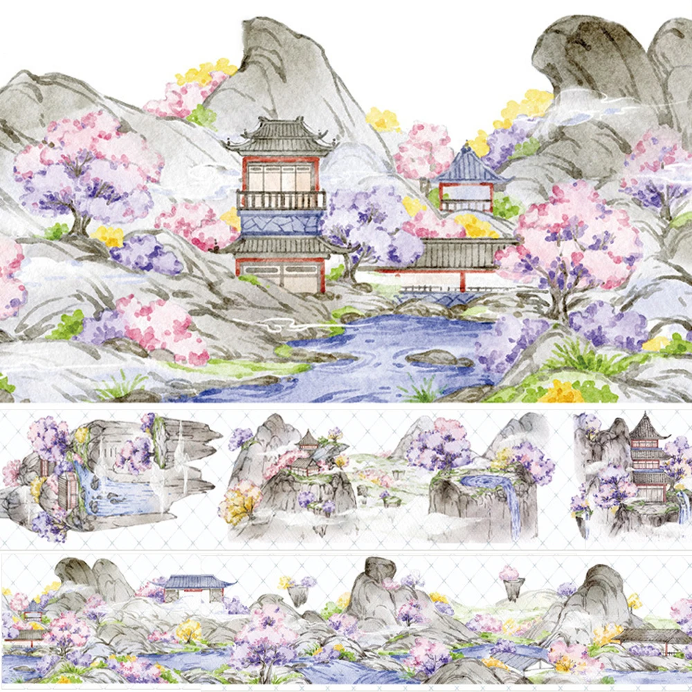 Spring Sakura PET Tape Decorative Masking Tape City Aesthetic Collage Landscape Stickers Scrapbooking Journal Stationery 2M/Roll
