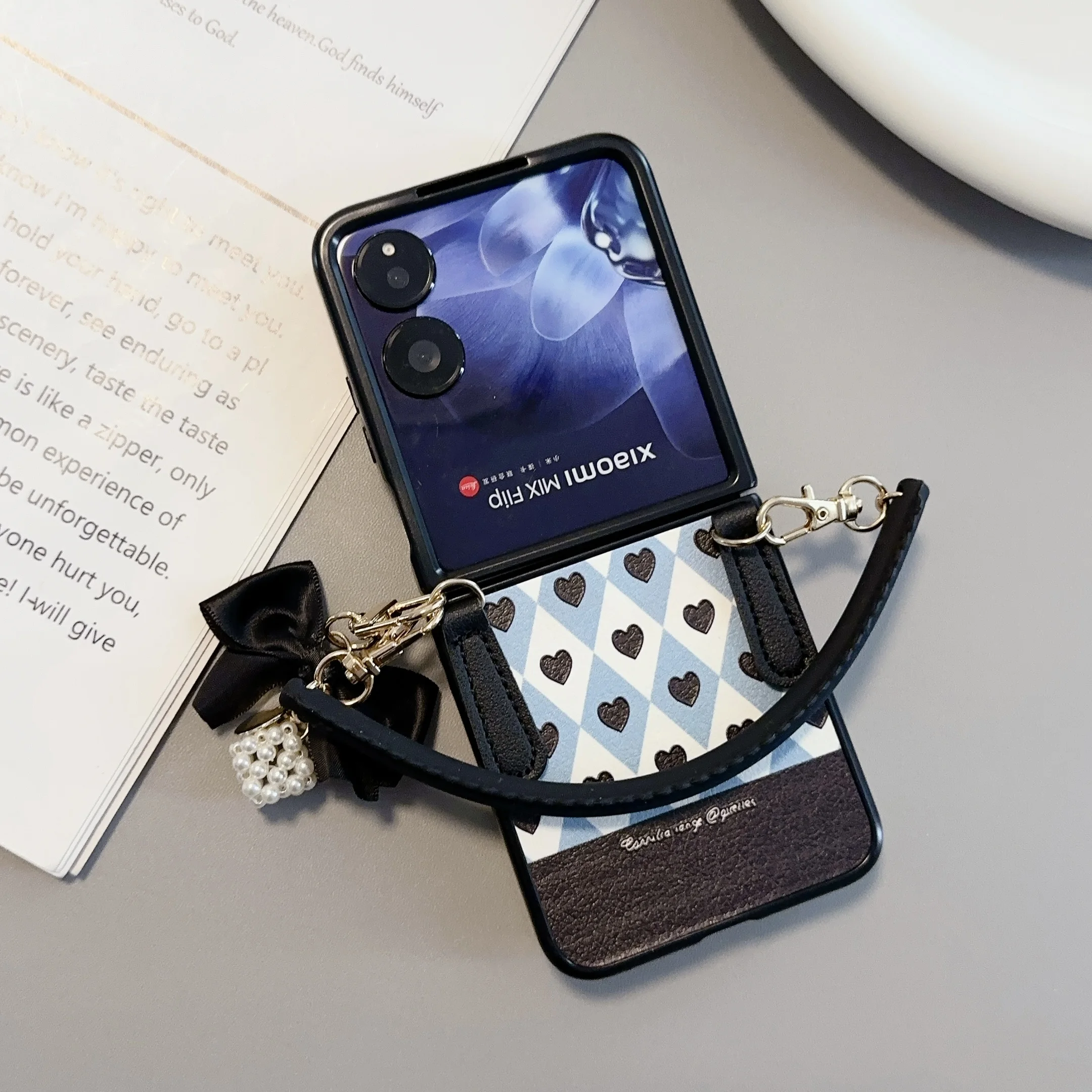 Love Artificial Leather Phone Case with Bracelet - Shockproof Folding Hard Cover Accessory