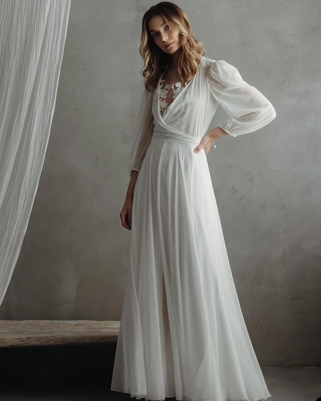 New Arrive Elegant Women Sleepwear With Lace V-Neck Chiffon Nightgown Long-sleeves Floor-Length Pajamas Luxury Gowns Nightwear