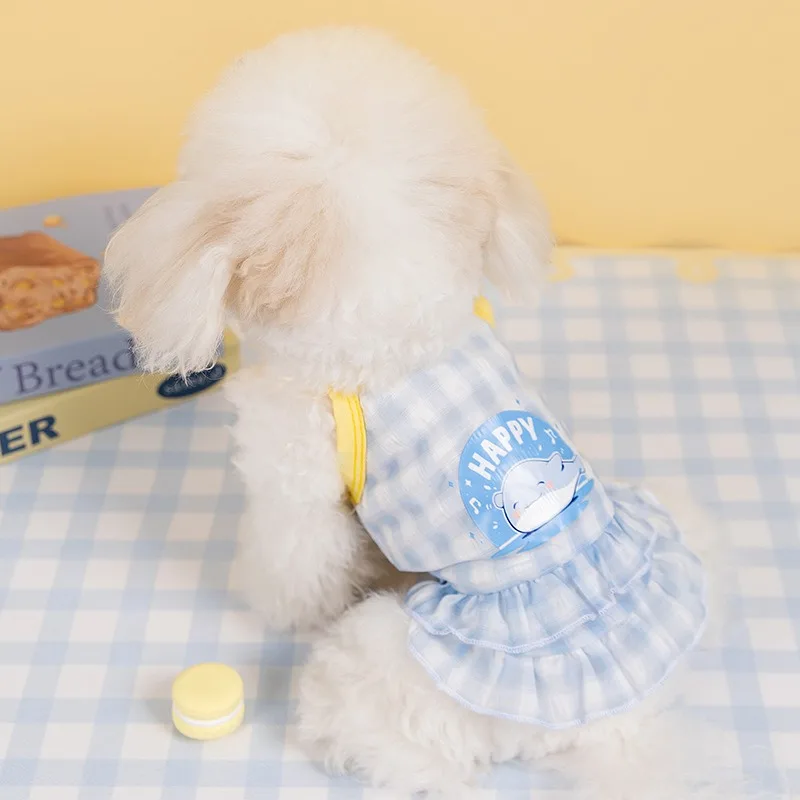 Spring Puppy Clothes Macaroon Plaid Cartoon Pet Halter Dress Breathable Mesh Dress Teddy Pretty Clothes Pet Supplies