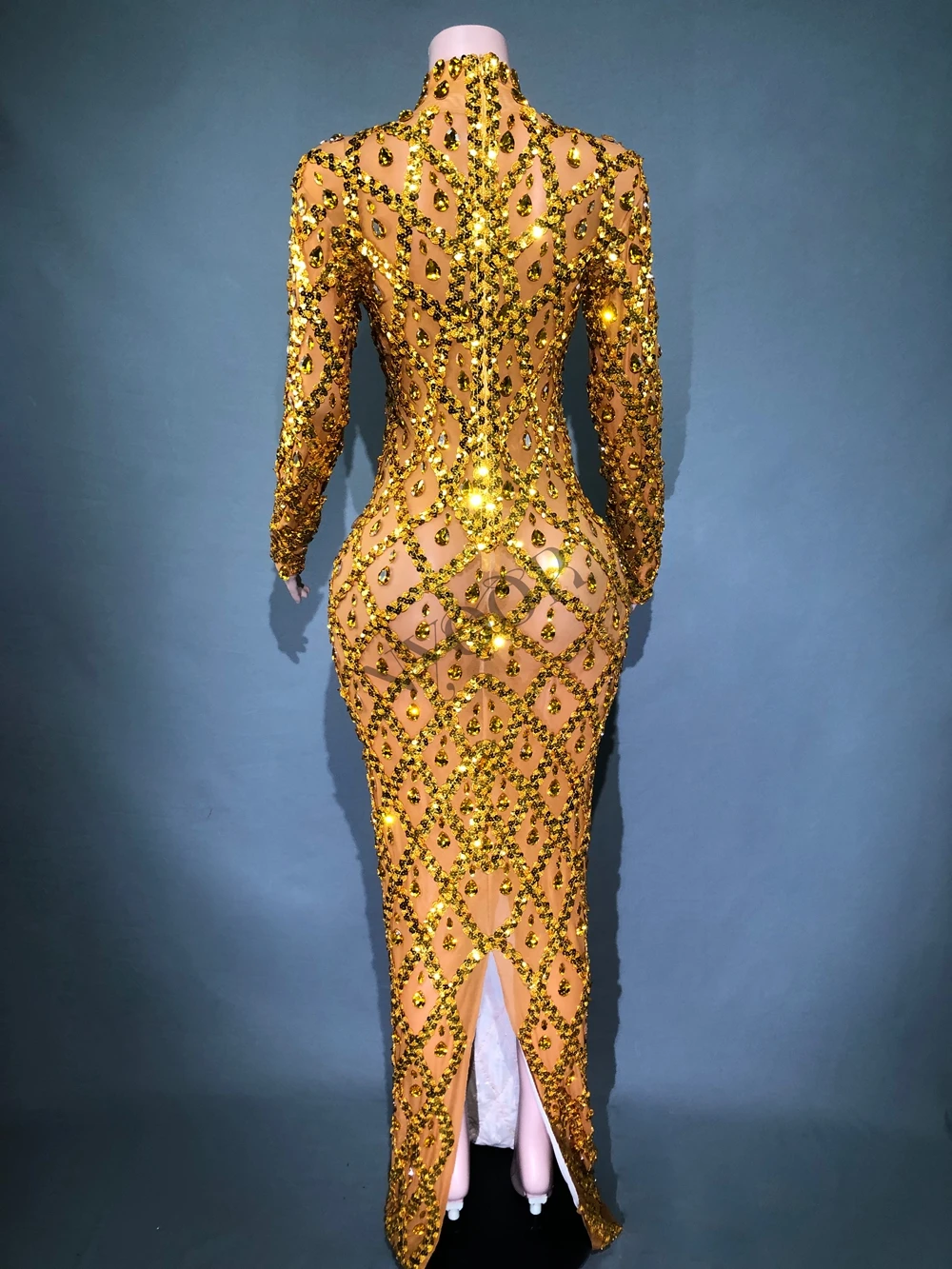 Rhinestones Sexy Evening Dance Dress Women Long Sleeve Sparkly Sequins Prom Birthday Performance Costume