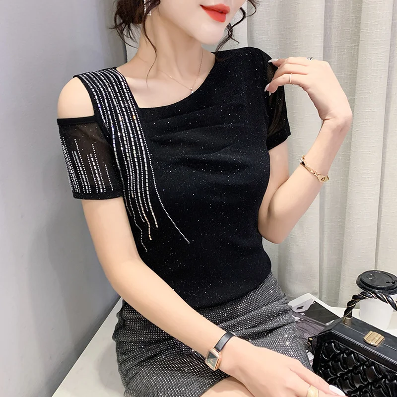 

#7412 Summer Black Blue Mesh T Shirt Women Thin Diamonds Off Shoulder T-shirt Sexy Short Womens Tshirt Short Sleeve Skew Collar