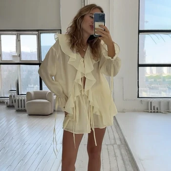 Tornova Women's Ruffled Shorts Sets V Neck Loose Lace Up Shirt Loose Through Sexy Casual Shorts Female Spring New Matching Sets 1