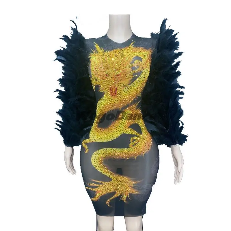 

New Sexy Feather Dragon Print Model Show Dress Singer Costume