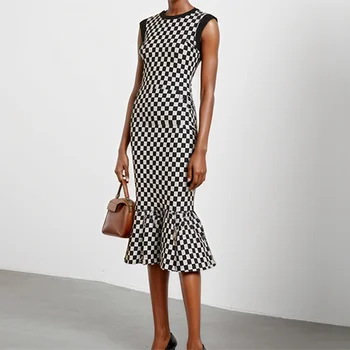 Krisstargirl Prom da sera Abiti slim lavorati a maglia 2025 Donna Estate Autunno Abito scozzese Sirena senza maniche Abiti vintage eleganti 1