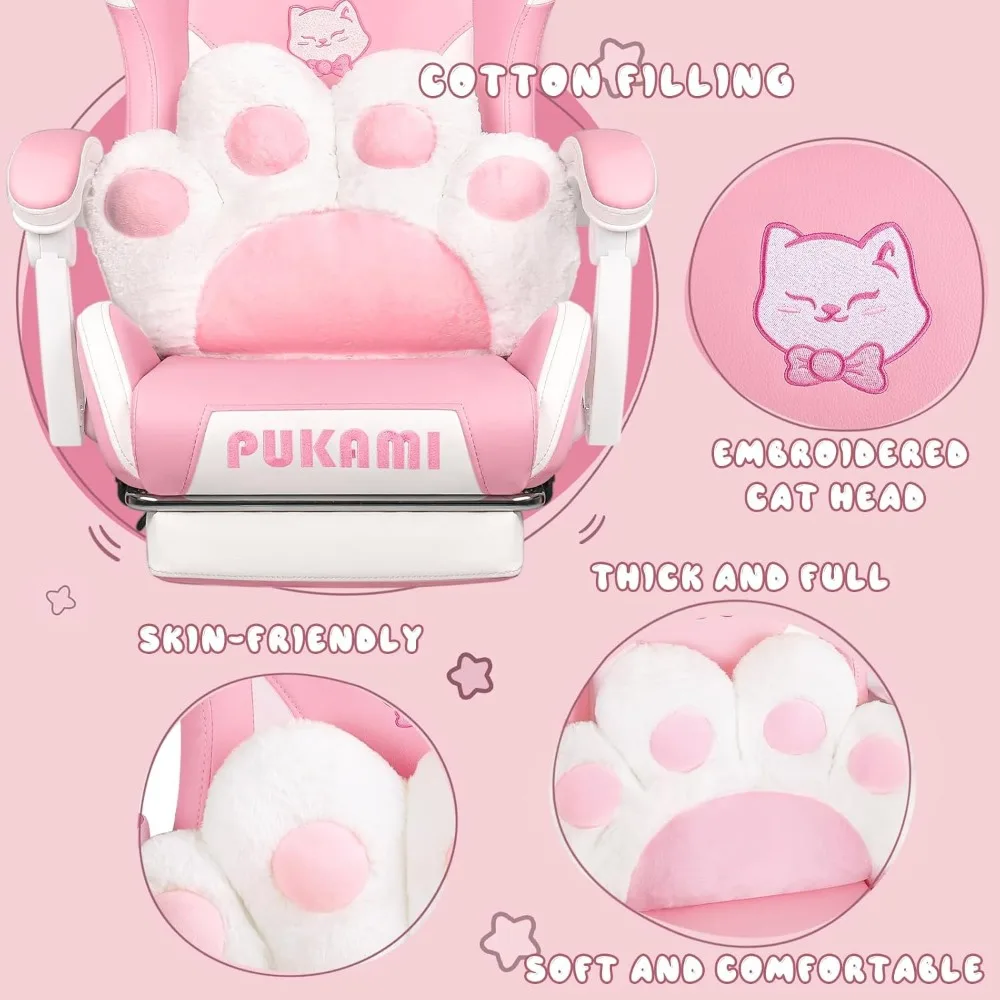 Pink Gaming Chair Cute with Cat Ears and Cat Paw Lumbar Cushion, Ergonomic Computer Chair for Girl with Footrest and Headrest, 4