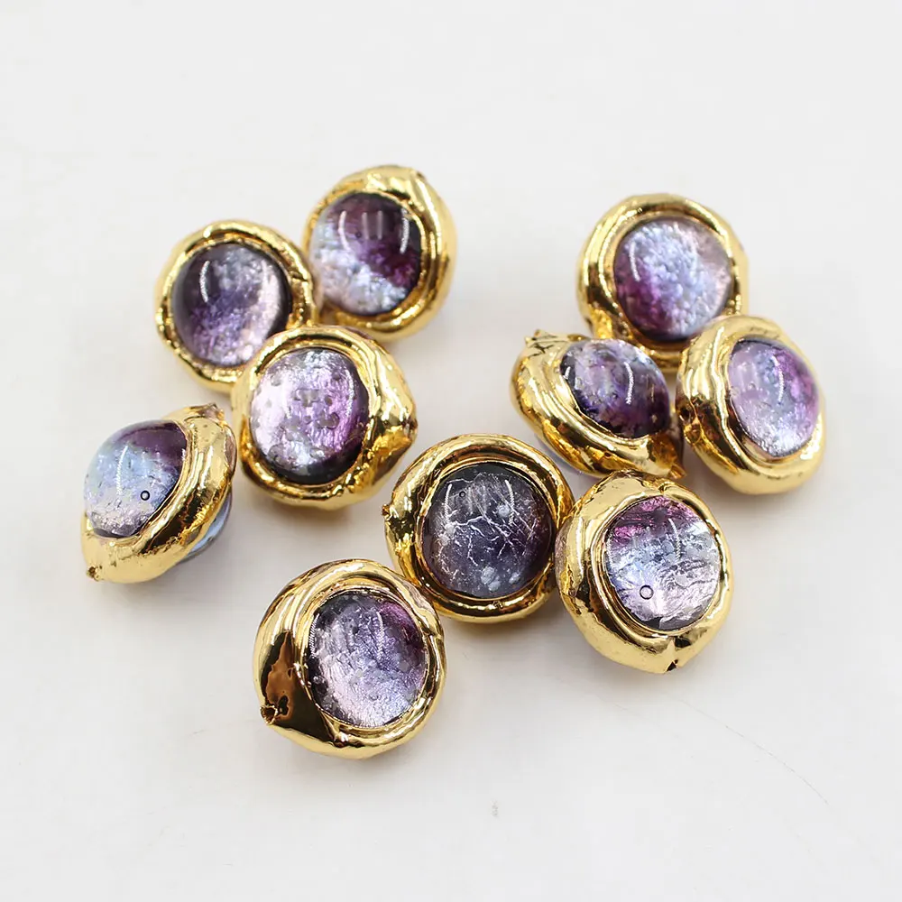10Pcs 16MM Purple Moss Glass Coloured Glaze Loose Beads Gold Plated Connector Beads For Necklace Pendant Jewelry DIY