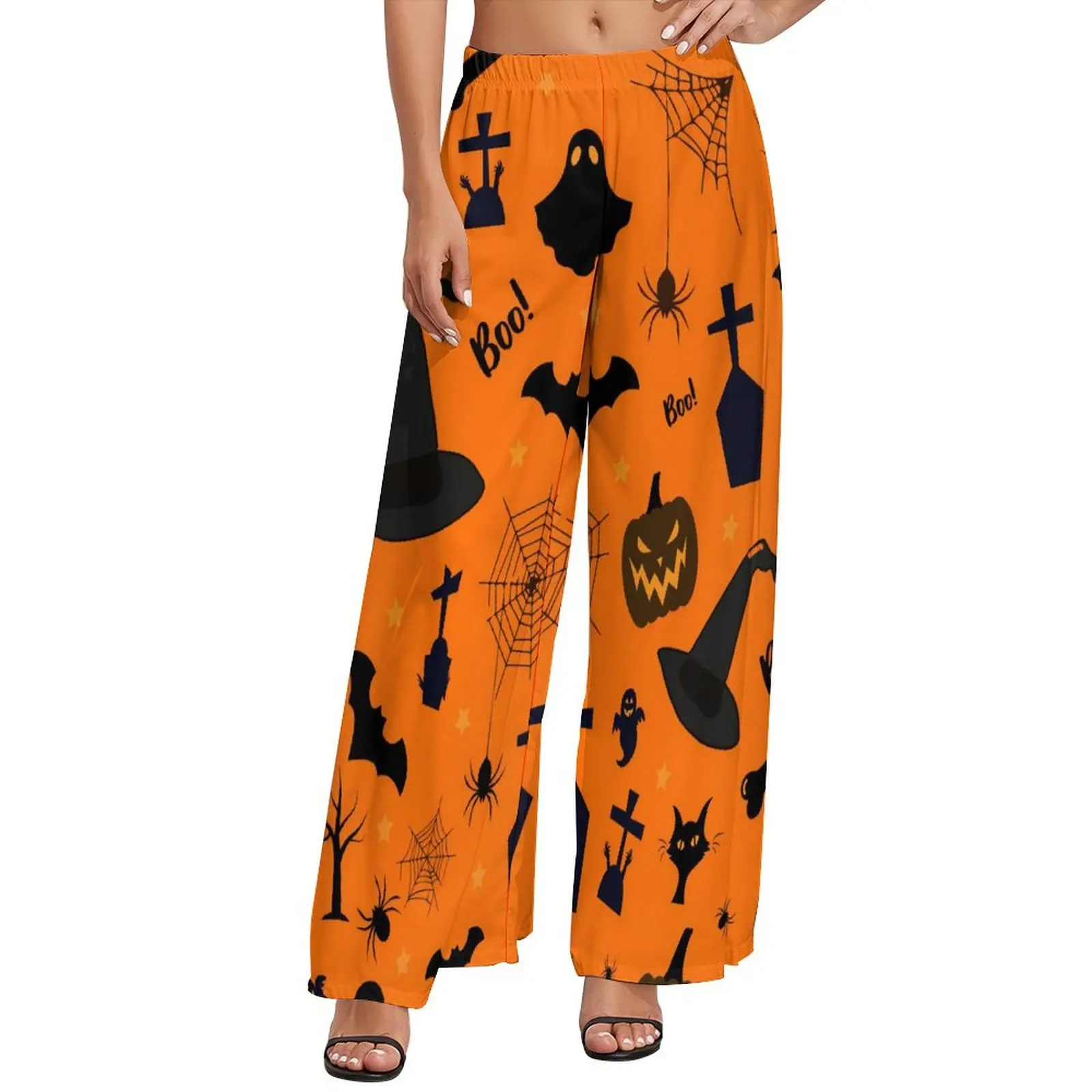 

Happy Haunts Pants Halloween Cat Ghost Elegant Wide Pants Women Big Size Streetwear Custom Straight Trousers
