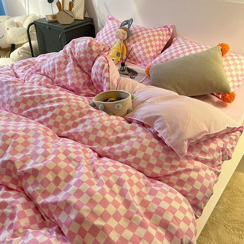 Nordic Pink Black Checkerboard Duvet Cover Sets With Pillow Case Bed Sheet  Kids Girls Bedding Sets King Queen Twin Kawaii