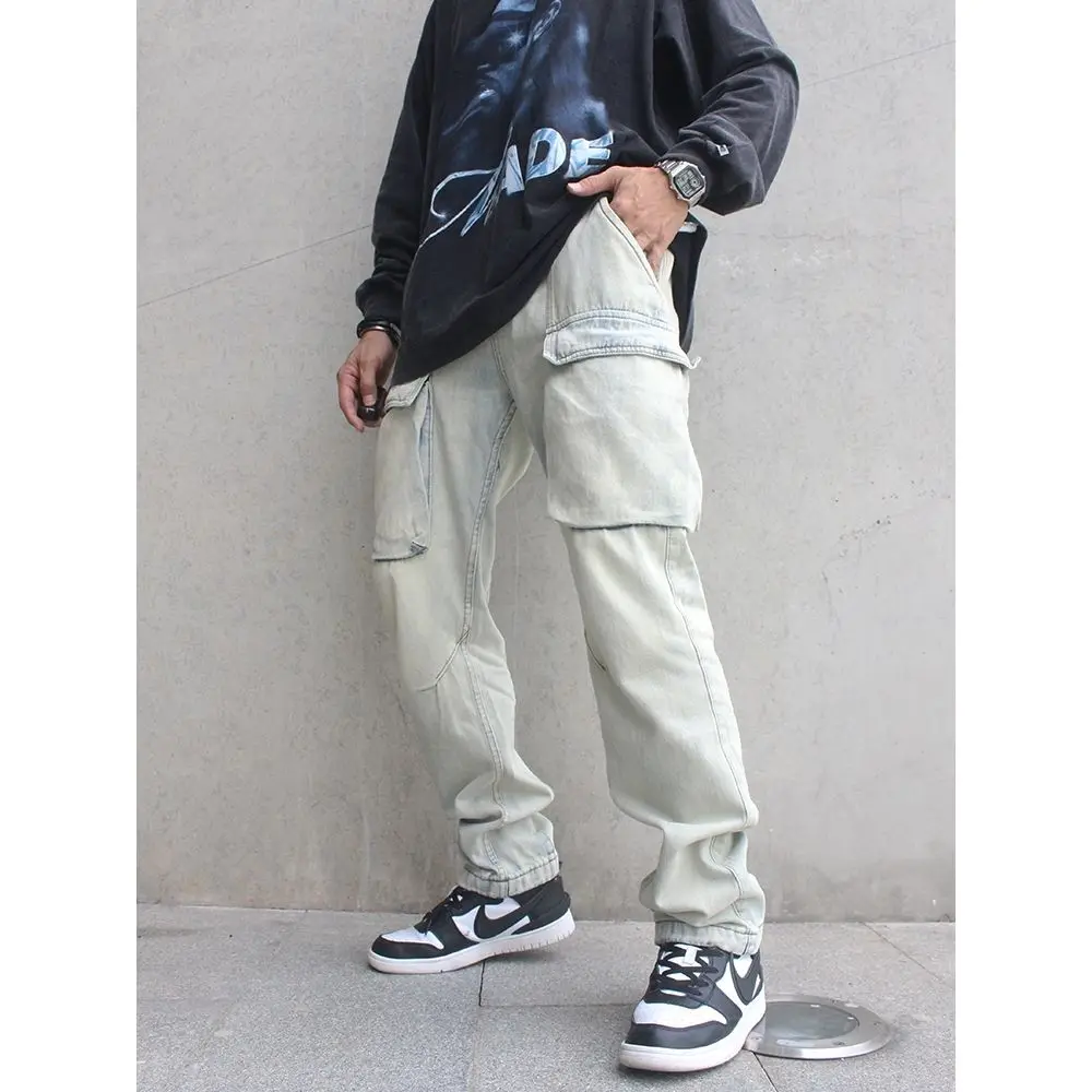 

High Street Tide Washed Retro Big Pocket Overalls Men and Women Trend Streetwear Loose Straight Jeans Casual Pants Soild Trouser