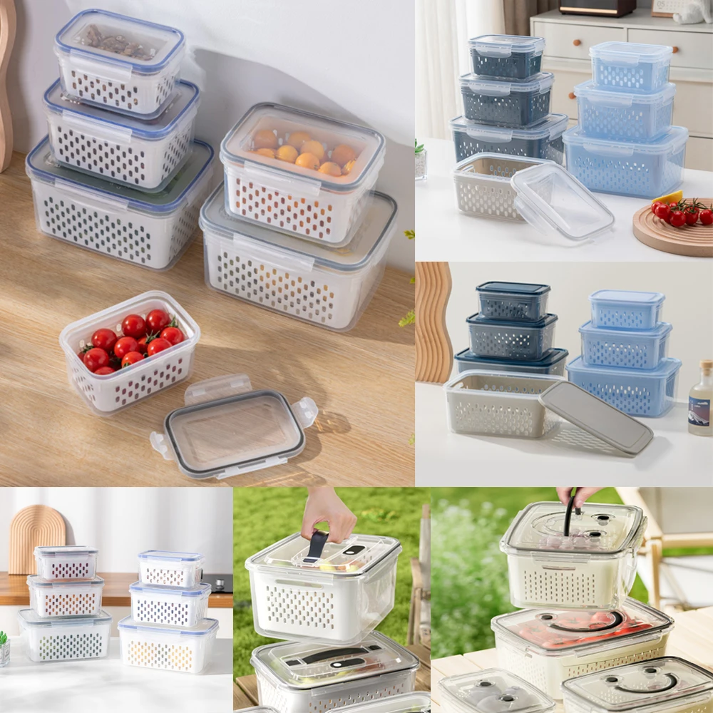 Refrigerator Preservation Kitchen Storage Box Drain Basket Storage Containers Sealed Box Vegetable and Fruit Food Grade Drain