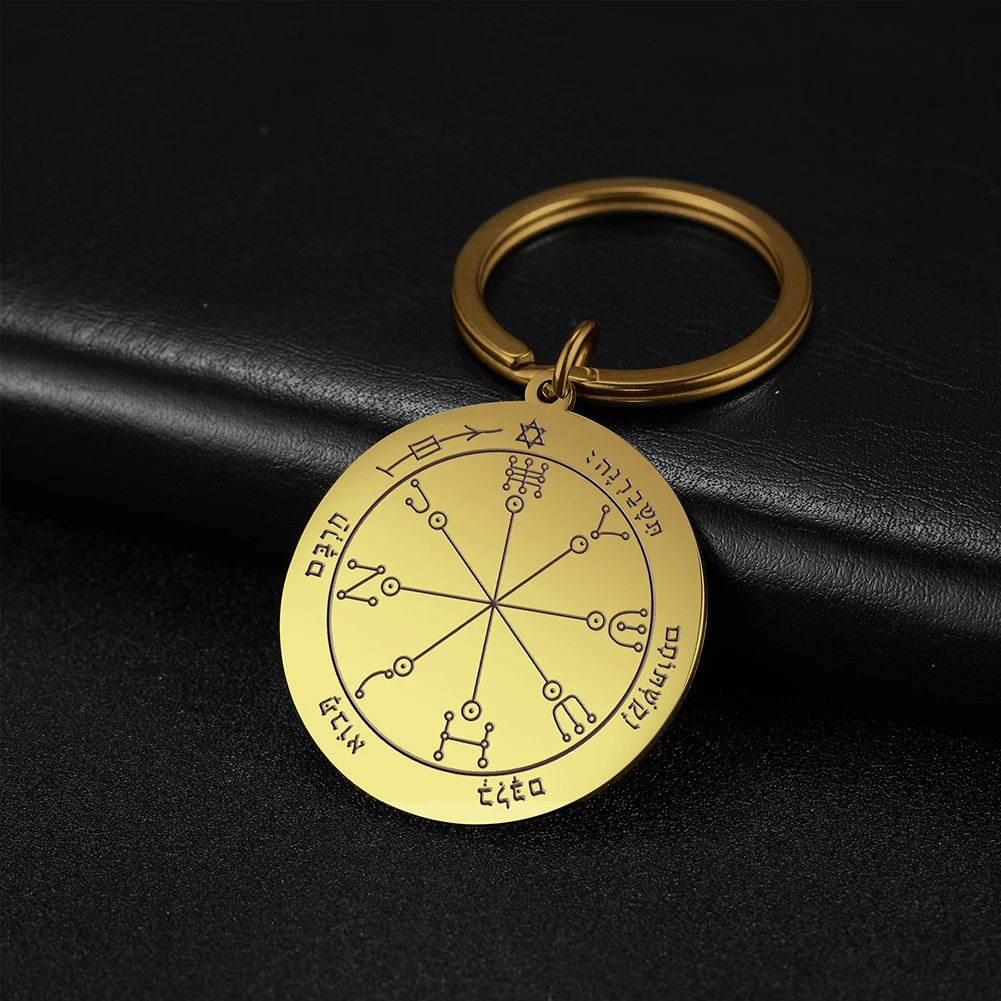 Dawapara Schlüssel von Solomon Seal Schlüsselanhänger, gravierter runder Pentagramm-Anhänger aus Edelstahl, Reichtumsschutz, Amulett-Schlüsselanhänger – Detail 18