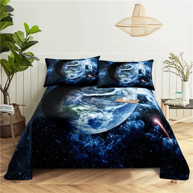 Galaxy Cosmic Planets Bed Sheet Set Soft Polyester Bed Flat Sheet With Pillowcase Romantic Universe Print Bed Sheet Home Textile