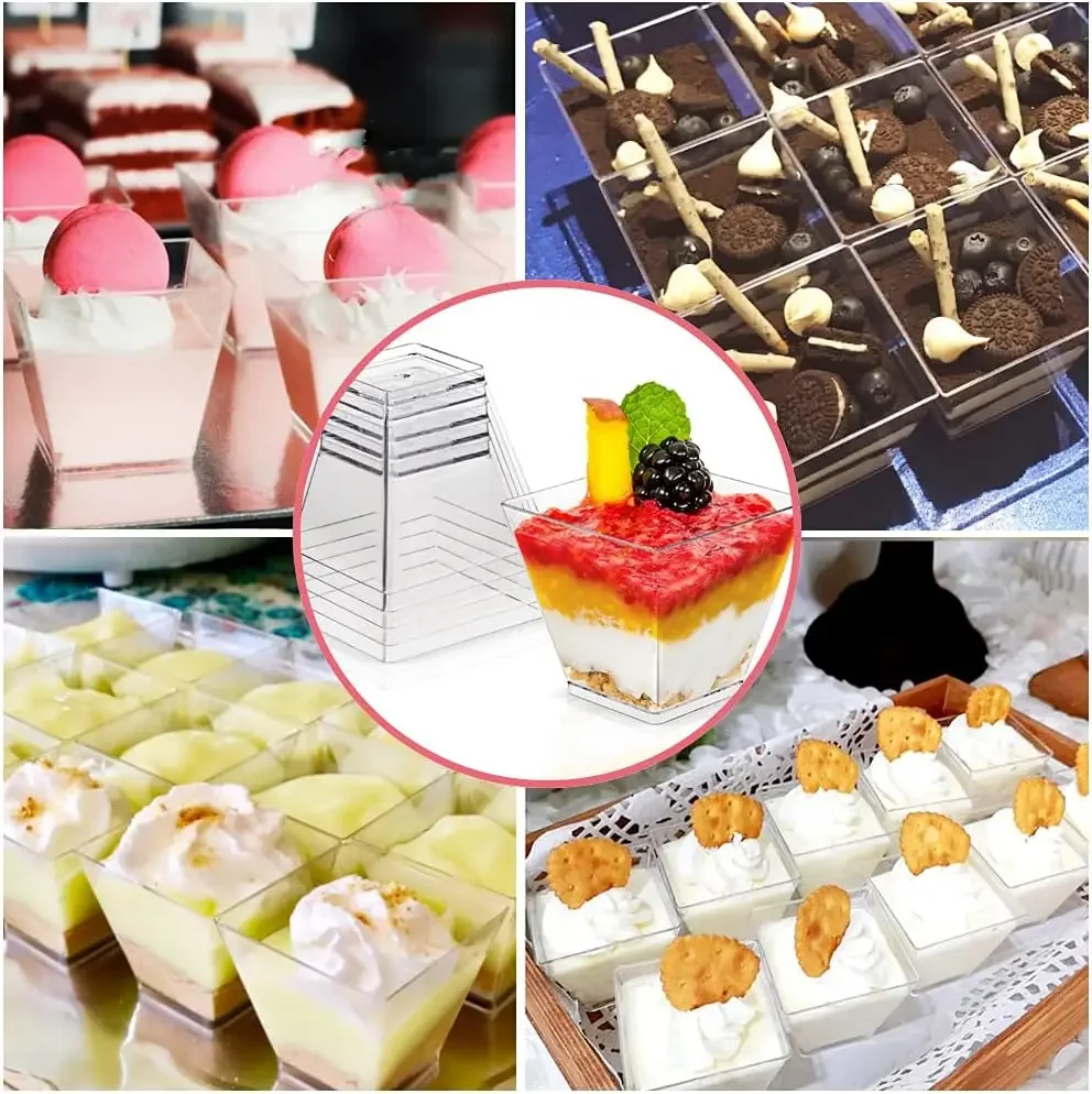 25-200Pcs 2/4/5OZ Square Mini Dessert Cup Set, Free Spoon, Transparent Parfait Appetizer Cup for Dessert, Appetizer, Ice Cream