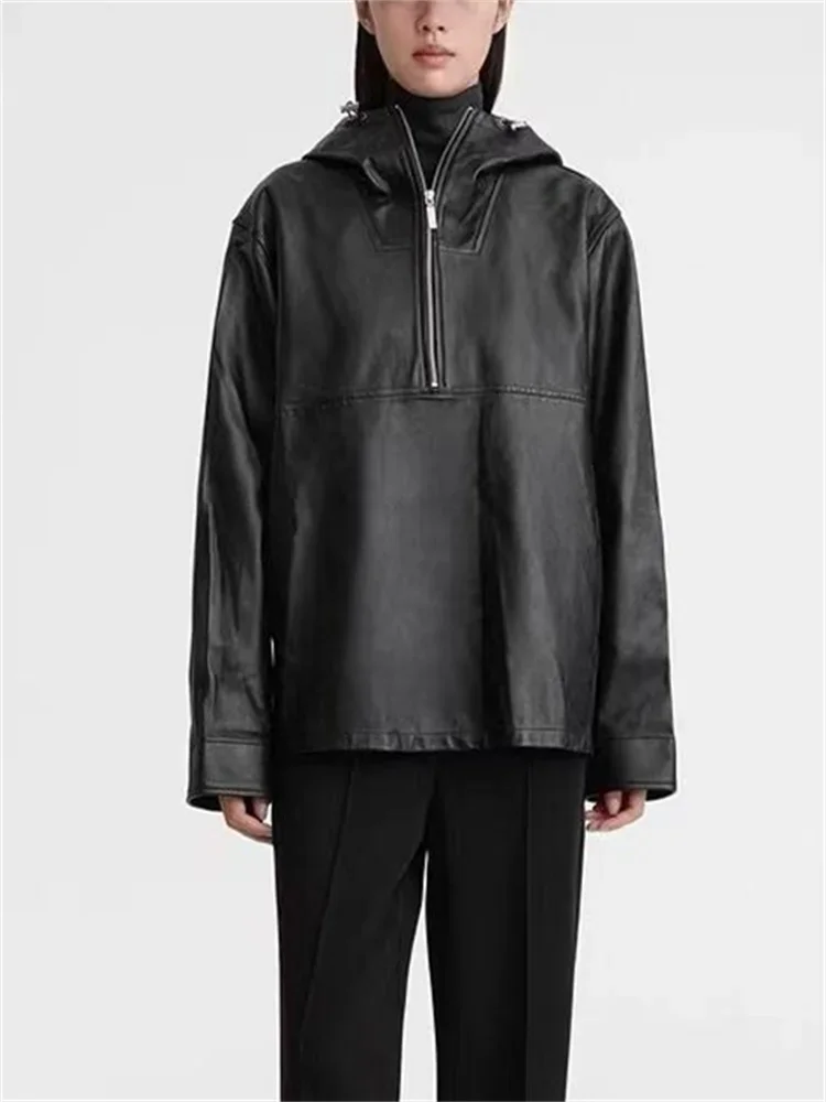 

Women's Hooded Coat 2024 New Leather Simple Sporty Zipper Casual Straight Jacket