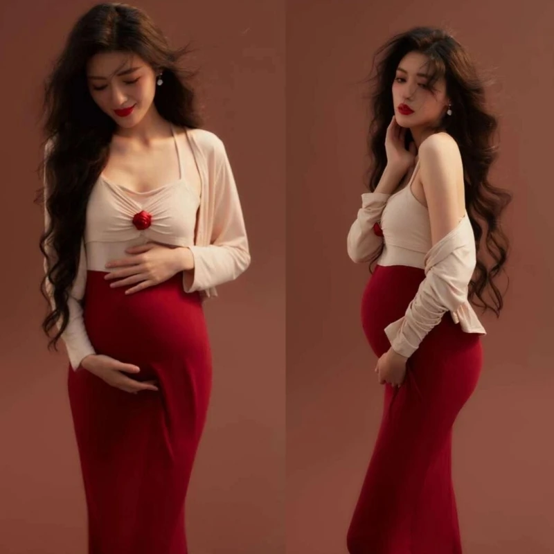 Dvotinst Women Photography Props Maternity Pregnancy Tank Dress with Cardigans Vintage Elegant Studio Shoot Photoshoot Clothes