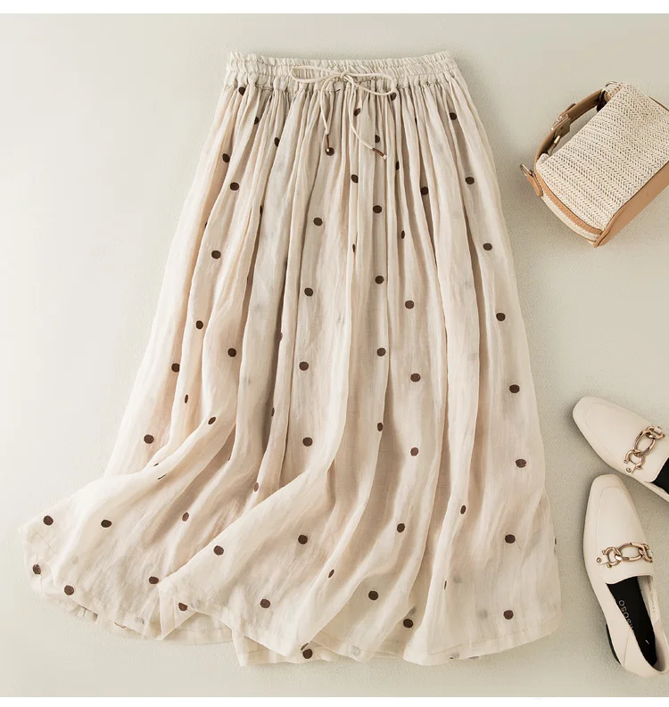 Polka Dot Cotton Linen Skirt Women Drawstring Elastic Waist A-Line Casual Vintage Big Swing Pleated Skirts Summer