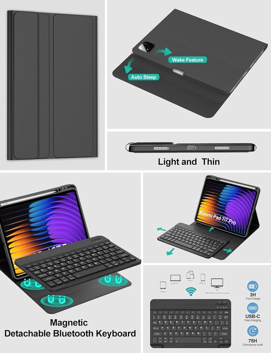 Wireless Bluetooth Keyboard Case with Removable Keyboard