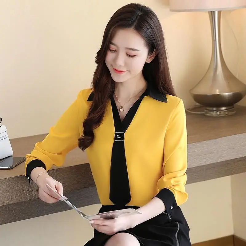 우아한 v 넥 레이스 업 스플 라이스 루즈 쉬폰 블라우스 여성 의류 2025 가을 새로운 캐주얼 풀오버 모든 경기 Office Lady Shirt