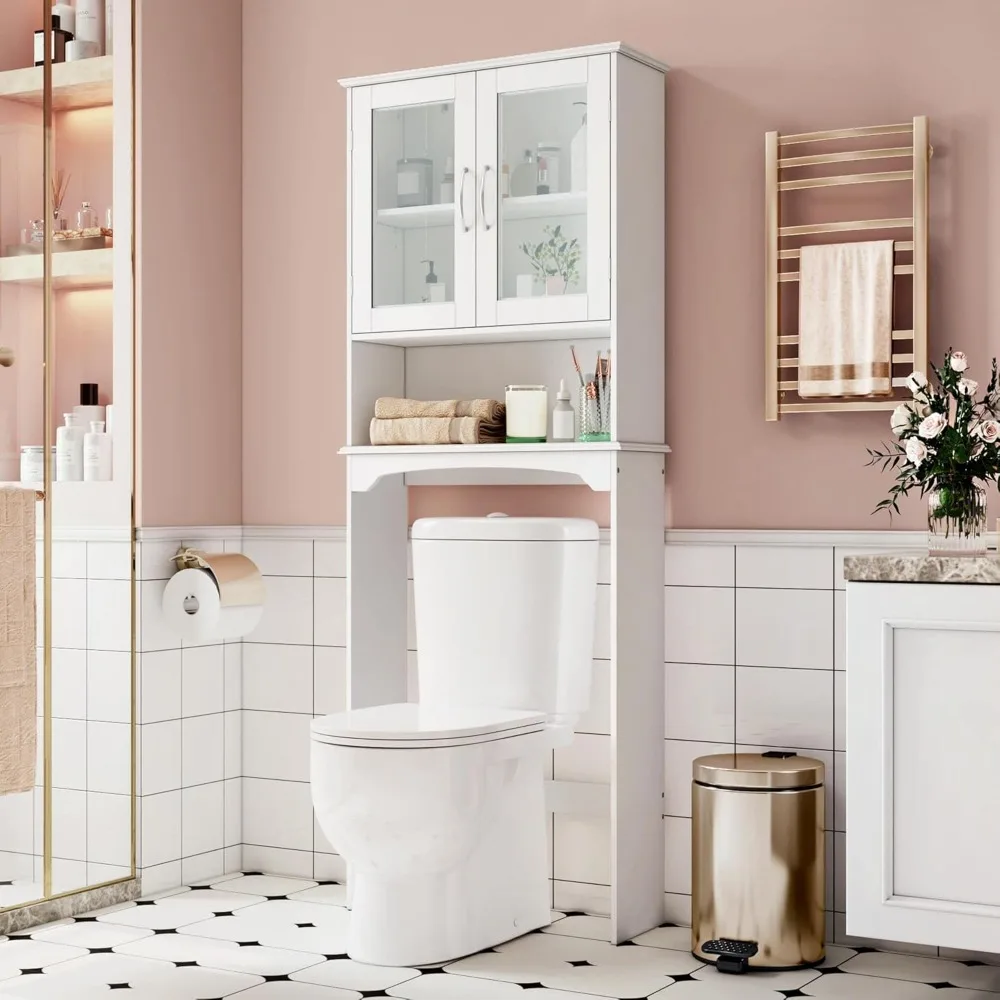 Over The Toilet Storage Cabinet with Double Tempered Glass Doors and Adjustable Shelf, Freestanding Bathroom Storage 2