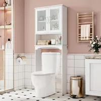 Over The Toilet Storage Cabinet with Double Tempered Glass Doors and Adjustable Shelf, Freestanding Bathroom Storage 2