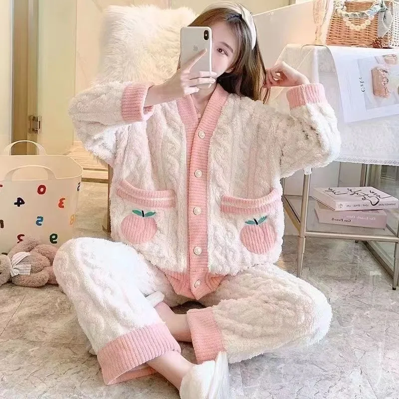 Winter Pajamas Women Loungewear Thickened Coral Velvet Famale Sweet Cute Home Wear Set Ladies Long Sleeved Loose Sleepwear Suit