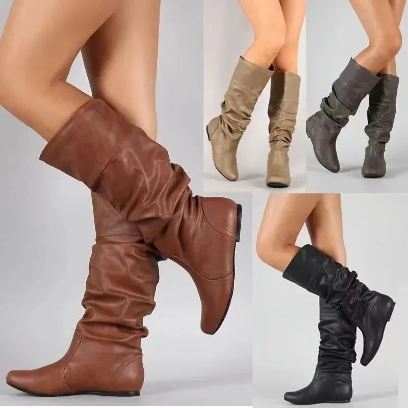 Platform boots Mid-Calf Boots Women Flat Shoes Spring Autumn Women High Boots Long Western Cowboy Footwear Large size 35-43
