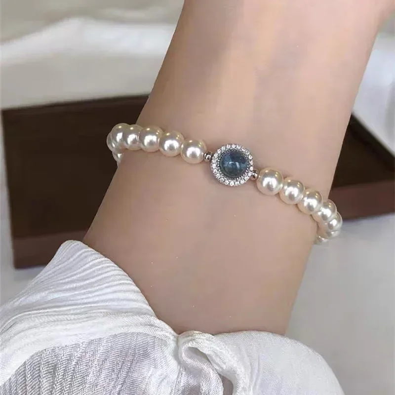 925 Sterling Silver Pearl Bracelet For Women French Luxury Designer Blue Crystal Charm Bracelets Fashion Party Wedding Jewelry - Image 2