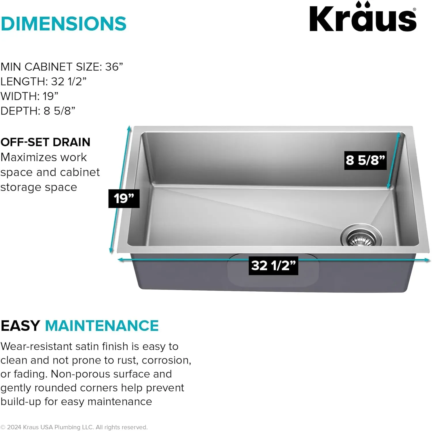 NEW-Fairlane 33-inch Undermount Single Bowl 18-Gauge Stainless Steel Kitchen Sink, KHU640-33