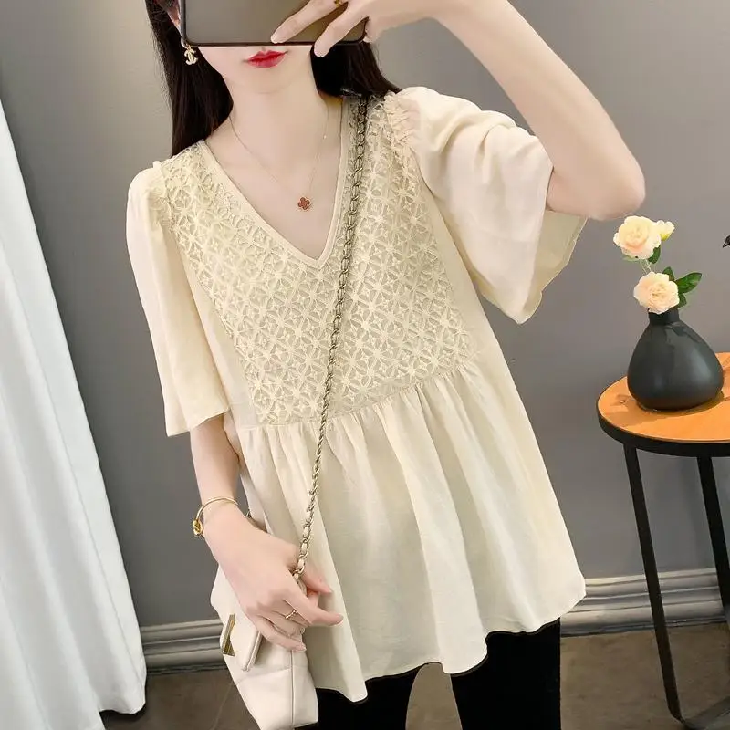 2024 Summer New Women's Pullovers V-Neck Spliced Plaid Hollow Out Fashion Loose All-match Young Style Flare Sleeve Chiffon Tops