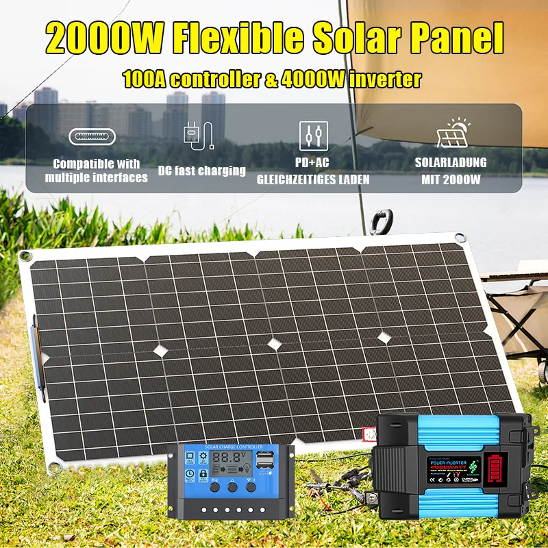4000W Solar Kit System 110V/220V 6000W Blue Inverter 12V Battery Charging 100A Controller for Home/RV/Military Camping