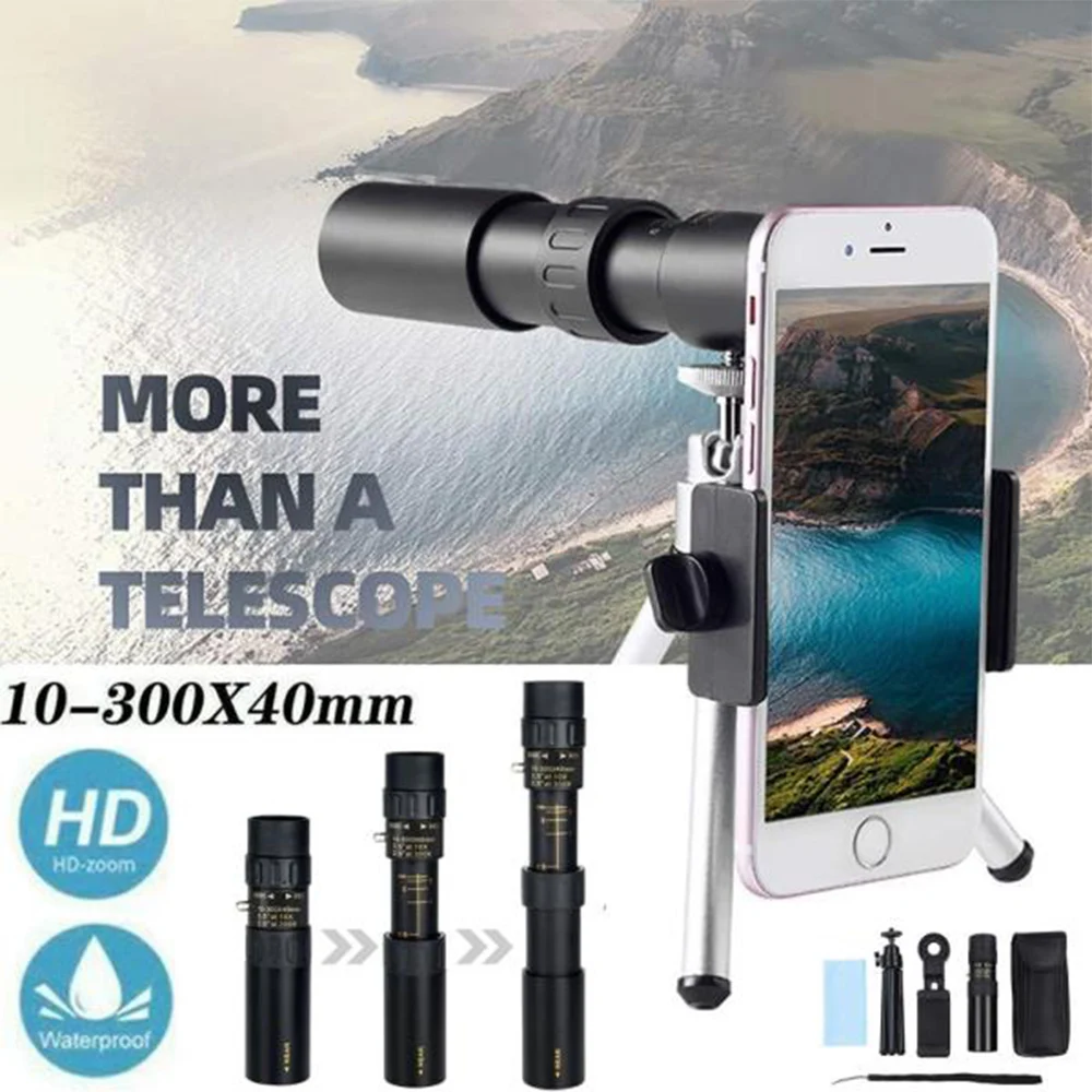 

Monocular Telescope 4K Super Telephoto Zoom 10-300X40MM Telescope with Night Vision Waterproof for Smart Phones Hunting Camping