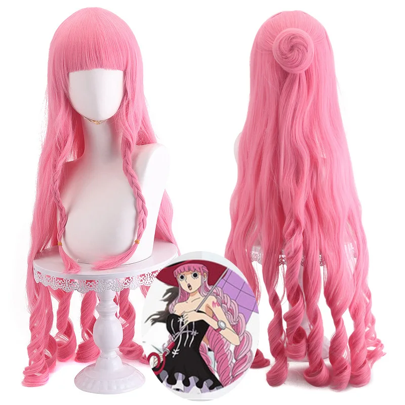 

90cm 35.4 in Japanes Anime Perona 2 Years Heat Resistant Synthetic Hair Halloween Party Pink Women Cosplay Wigs + Net Cap