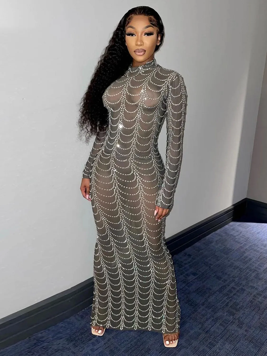 

Szkzk Mesh Sheer Rhinestone Long Maxi Dress See Through Night Club Outfits Evening Gowns For Women Party Sexy Diamond Dresses