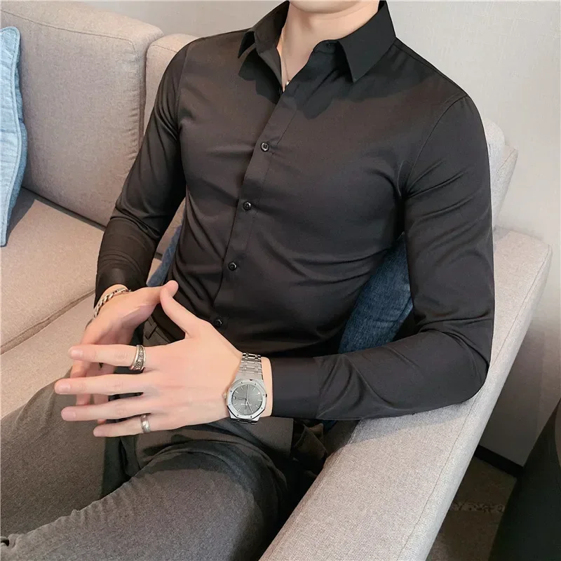 Plus Size S-7XL High Quality Men Dress Shirt 2023 Autumn Long Sleeve Solid Business Slim Shirts Homme Dress Social Casual Shirt