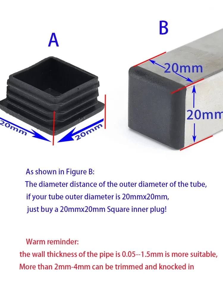 10-1pcs Black Square Pipe Tube Cap 10/15/20/25/30/38/40/50/60/80/100mm Plastic Tubing End Cap Glide Insert Blanking End Plug