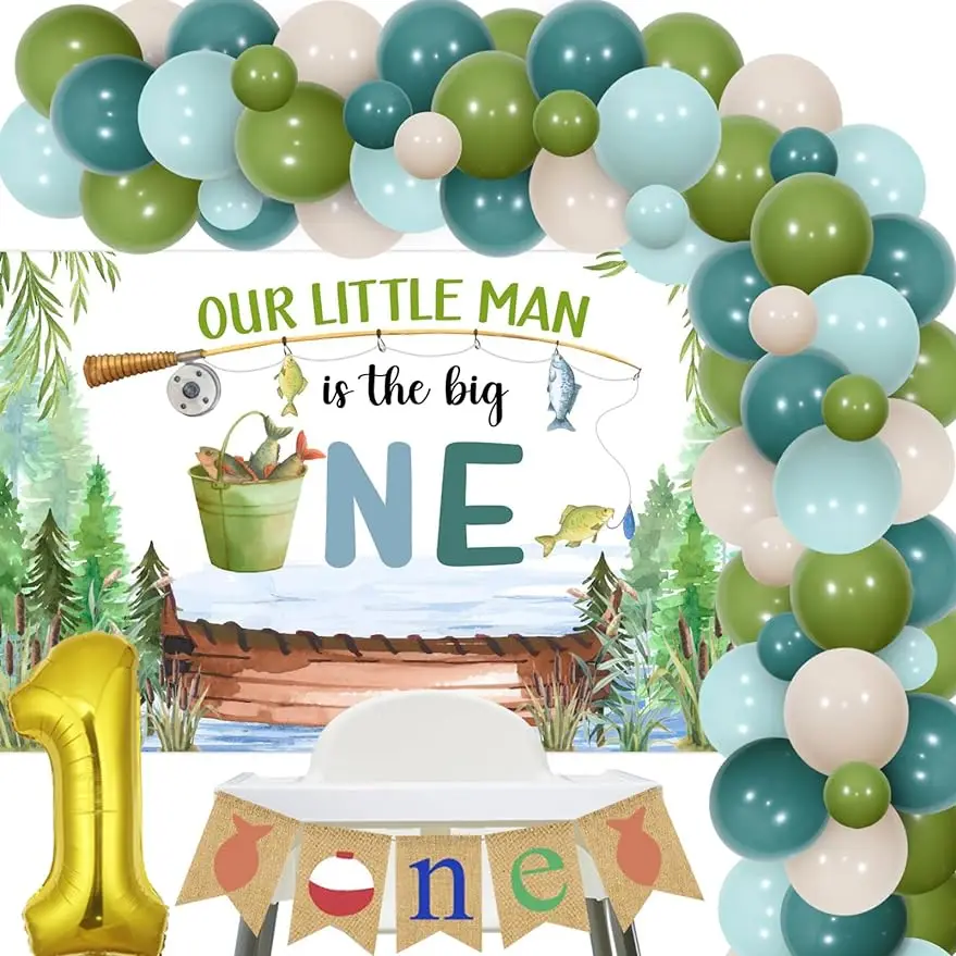 

Fishing 1st Birthday Decor Our Little Man Is The Big One Backdrop Gone Fishing Garland Arch Kit Retro for Boys Party Supplies