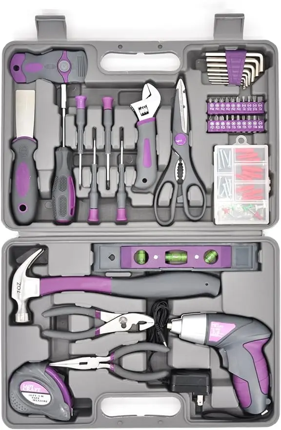 Hyperpower 44PCS 4V Cordless Screwdriver Tool Kit Set Pink Color Tools Lady Tools Kit Home Repair Set Toolbox Hand Tool Kit Stor