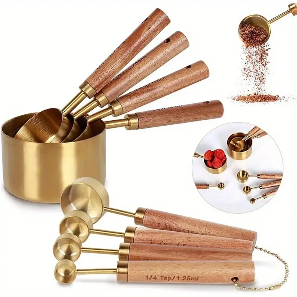 Kitchen Measuring Spoons and Cups Set Wooden Handle Stainless Steel Baking Tools Coffee Measuring Spoon Bartending Scale Accessories